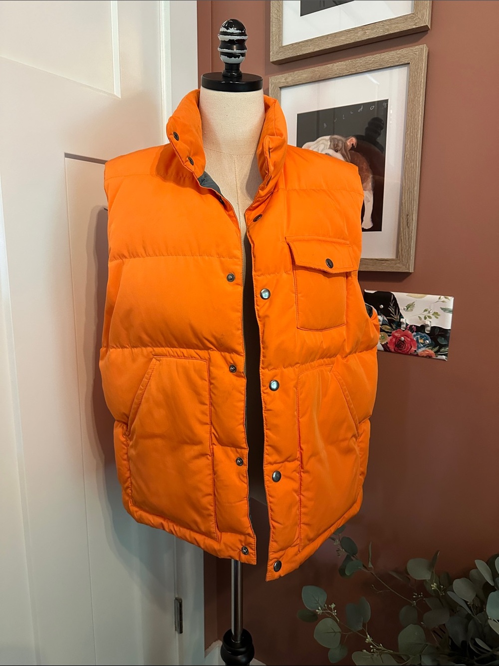 Jack Spade Bleecker Street men’s orange gray snap puffer L pockets vest